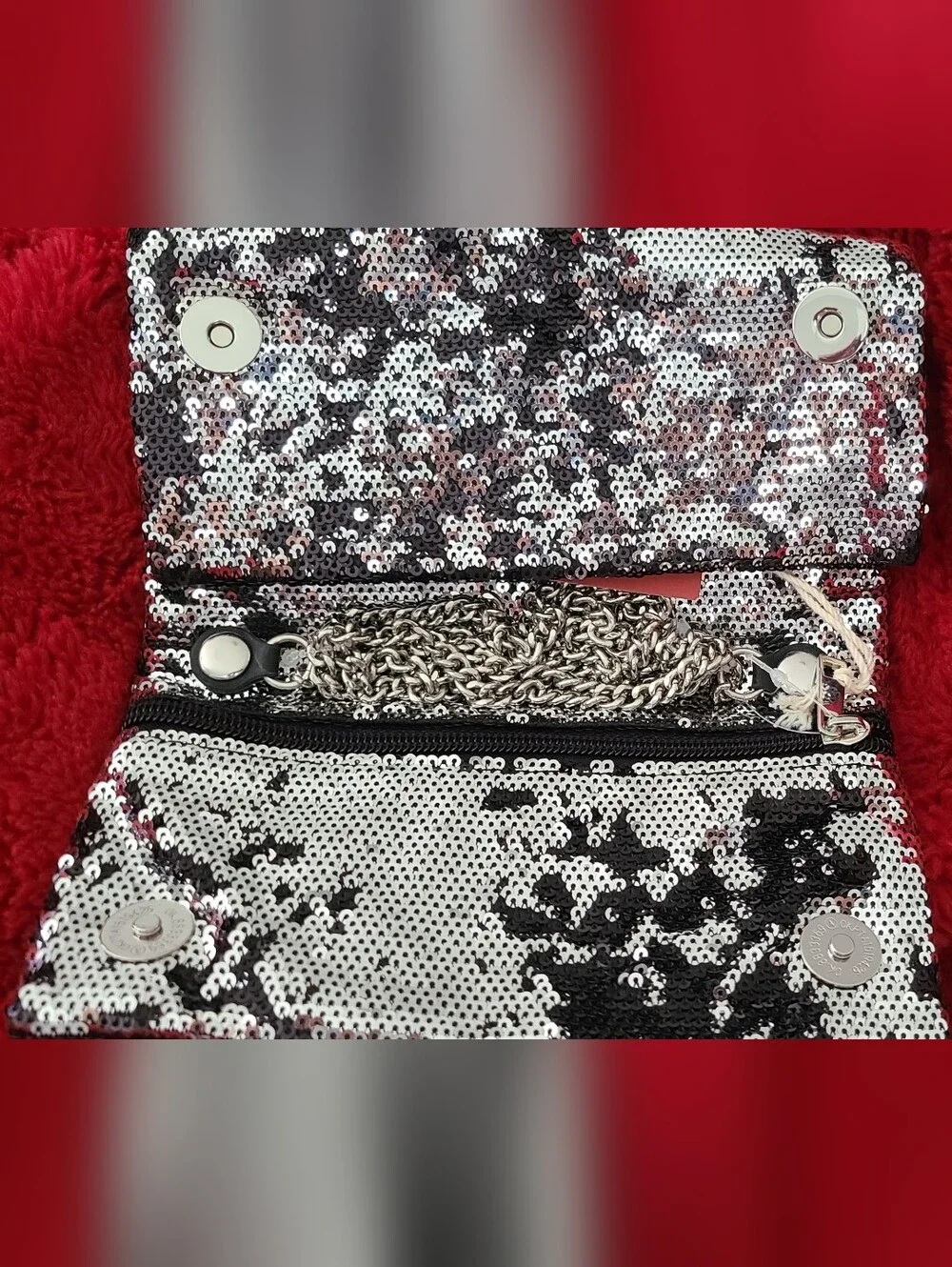Two Way Sequin Crossbody/ Clutch With Magnetic Snap Closure & Removable Chain